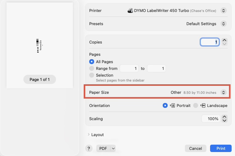 default print dialogue