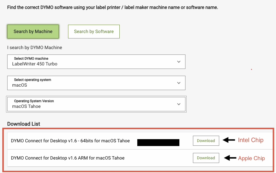 Dymo Download List Options