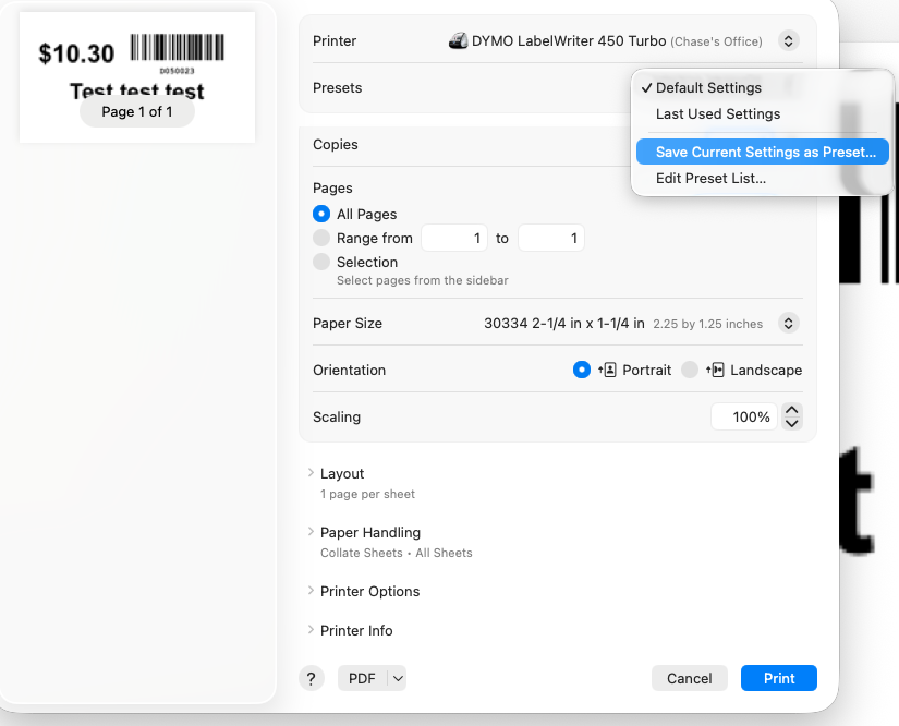 save as preset dymo