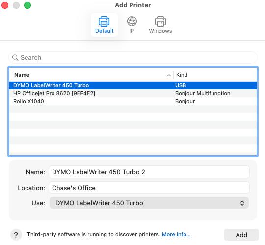 mac add printer screen dymo