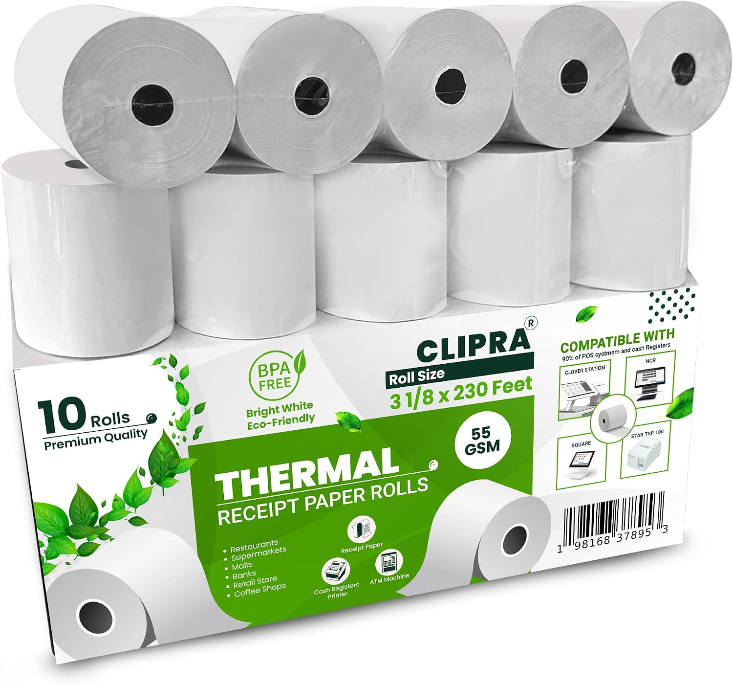 Thermal Receipt Paper, 3 1/8" x 230' (10 rolls)